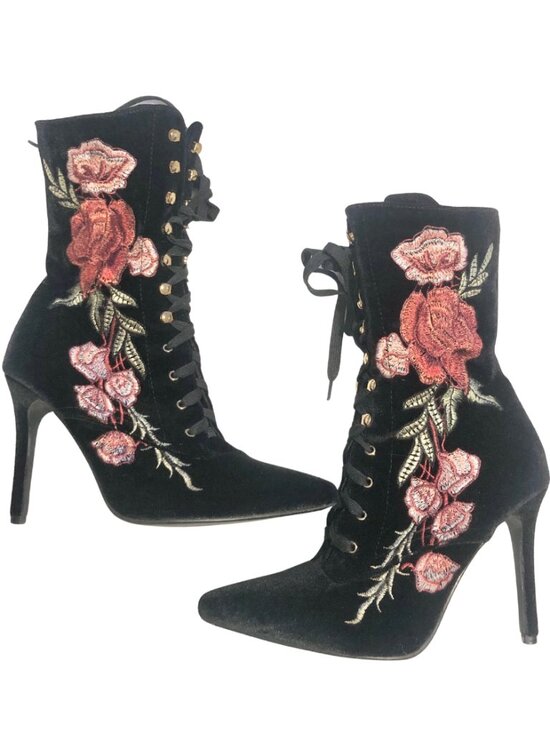Cape Robbin Shoes - Velvet Stiletto Victorian Lace up Whimsigoth Witchy Boho Boots Pink Flower Roses